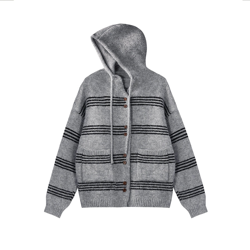 Slouchy Pinstripe Hooded Wool Cardigan