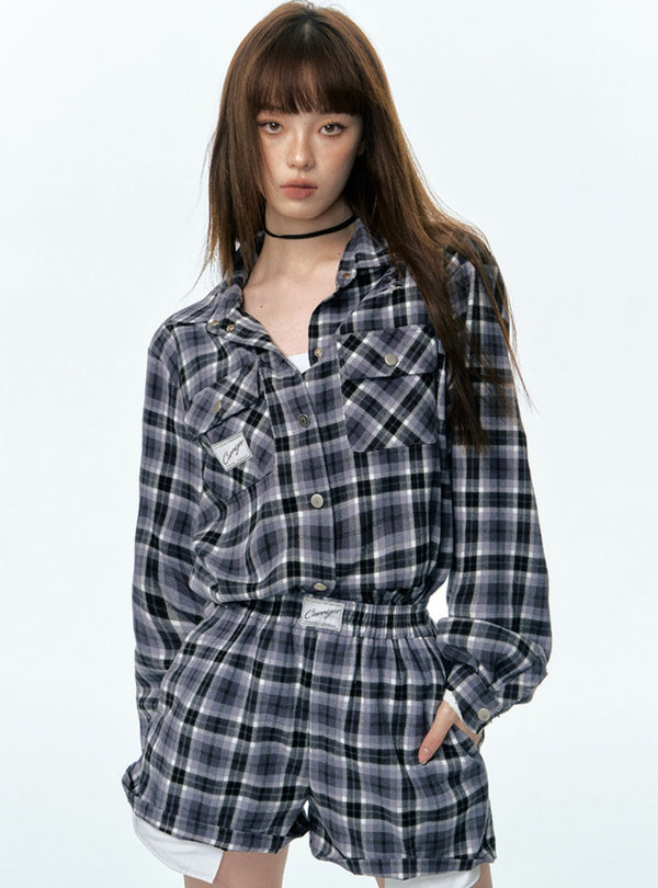 American Vintage Plaid Loose Shorts And Shirt Set-up