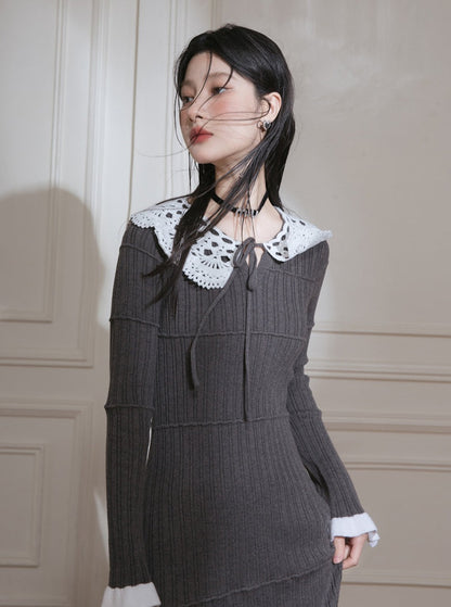 Lace collar wool dress