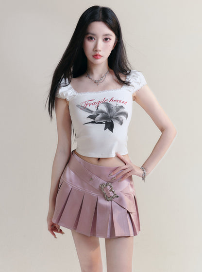 [Stock] fragile store - 100 days lily print slim T-shirt kurzarm slim shoulder top