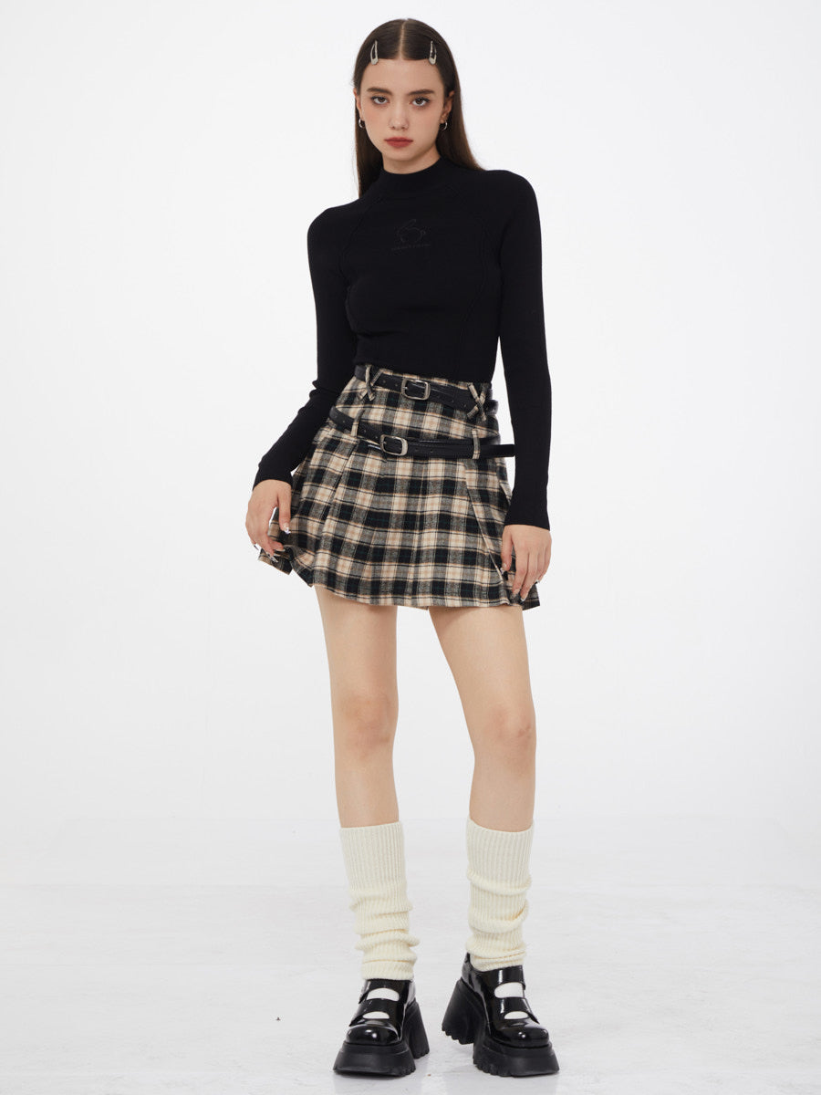 American retro a-line high-waisted check plaid skirt