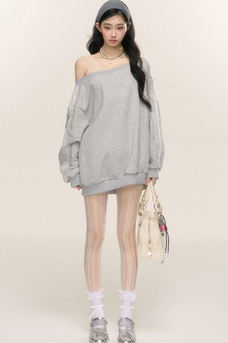 Slanted Shoulder Bow Loose Sweatshirt