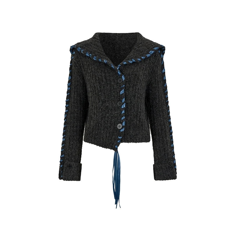 VIAPITTI Pulloverjacke mit kontrastierendem Netzstrick-Cardigan mit Spitzenbesatz