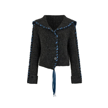 Lace Panel Sweater Jacket With Contrasting Knit Cardigan Vest