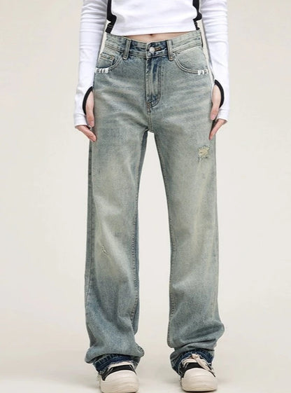 American straight-leg distressed jeans pants