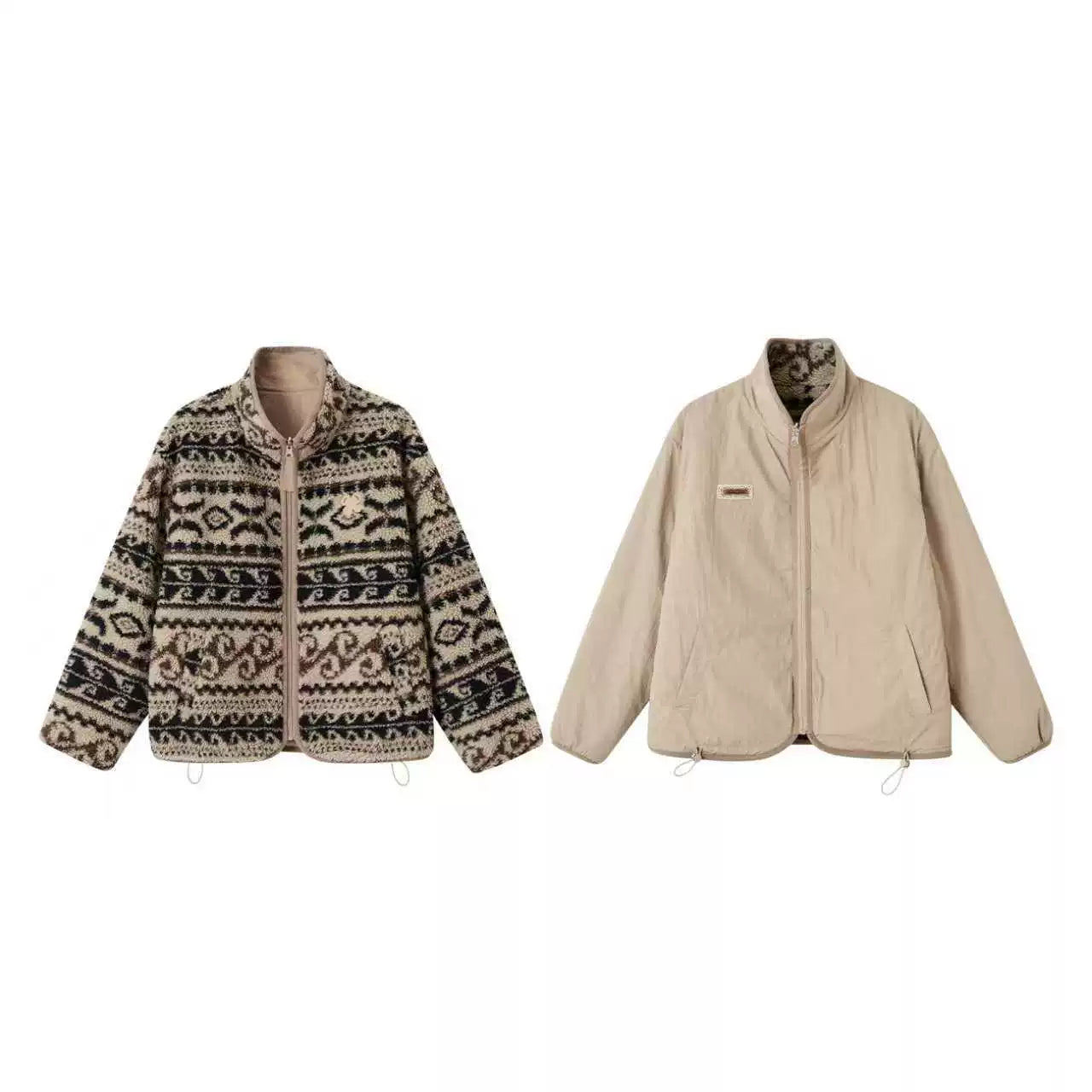 Fleece Jacquard Stand-Up Collar Coat