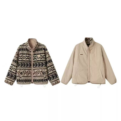 Fleece Jacquard Stand-Up Collar Coat