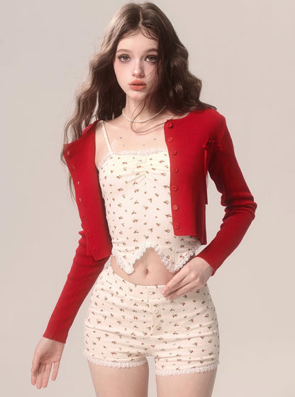 Red Floral Suspender Shorts Set-Up