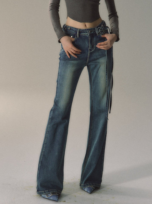 Vintage Flared Belt Jeans Pants