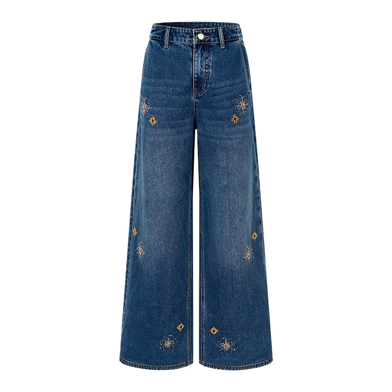 Blue Star Embroidered Wide-Leg Jeans