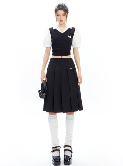 High Waist Pleated A-line Mid length Skirt