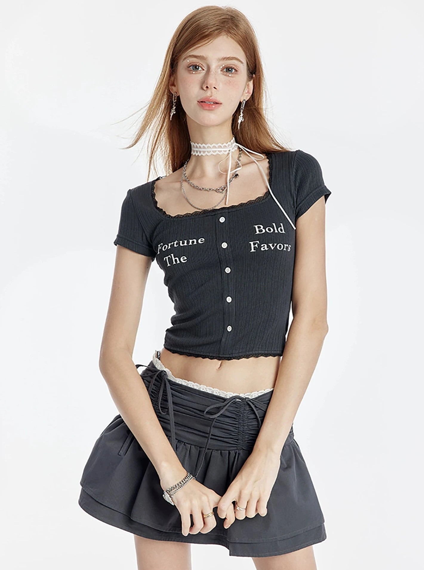 U-Neck Lace Short Sleeve T-Shirt