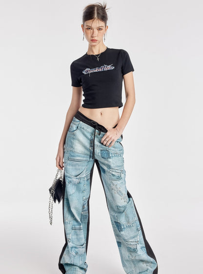 Embroidered Denim Accent Black Top