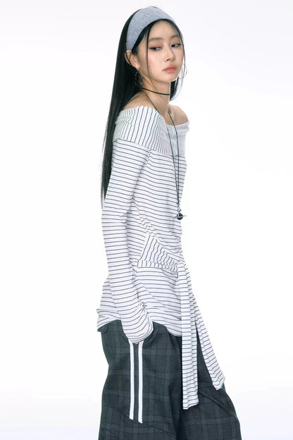 [Curriges September 26th New Arrivals] autumn and winter new one-shoulder striped waist tie long top