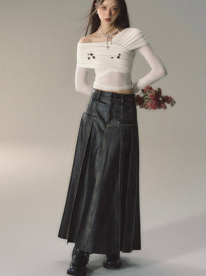 heavyweight rubbed midi leather skirt