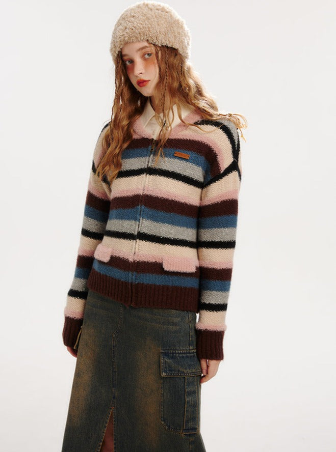 Retro Rainbow Stripe Wool Hooded Zipper Knitted Cardigan Coat