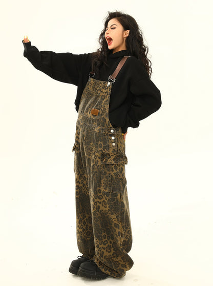 American retro leopard print cargo pocket bib pant