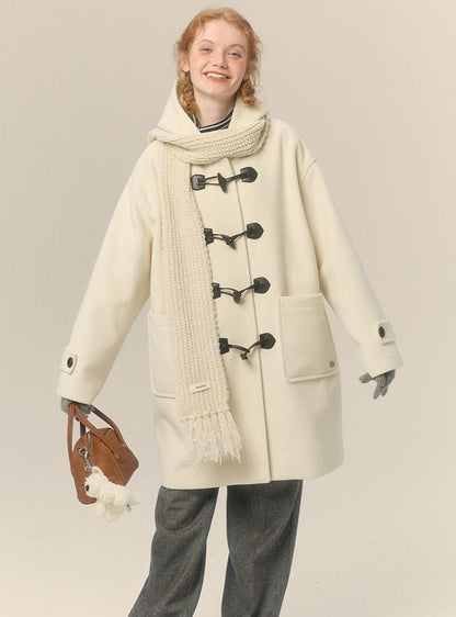 hooded mid-length horn button woolen coat