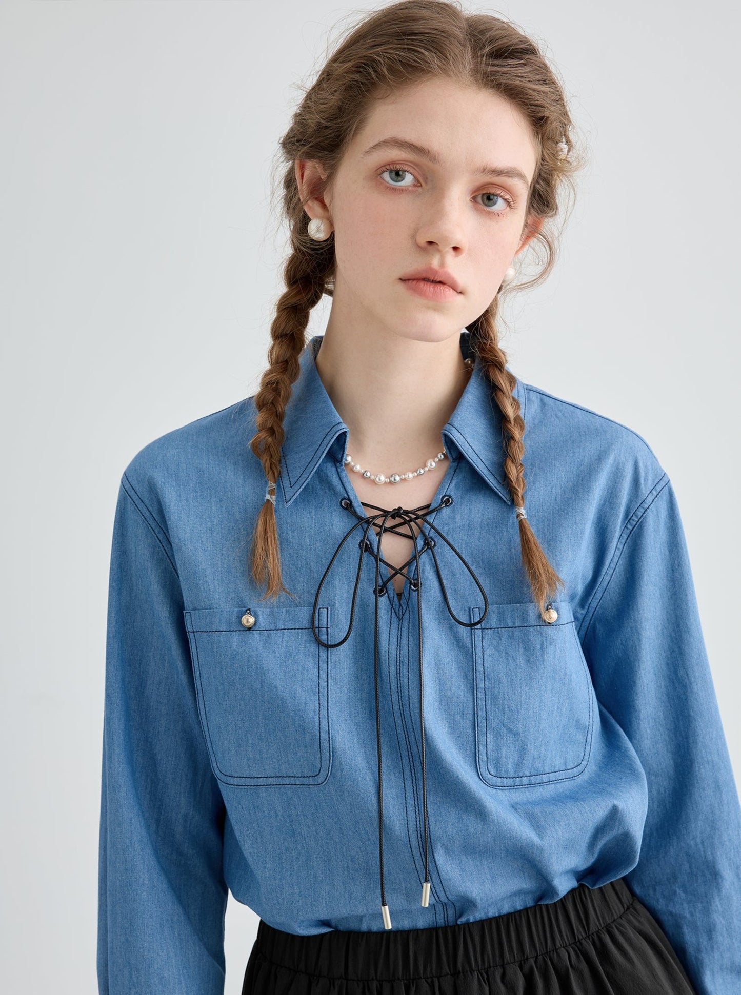 Retro denim lace-up shirt