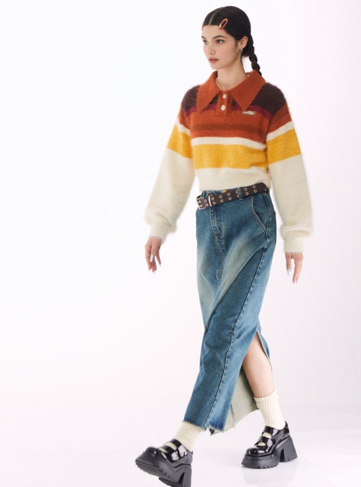 American retro polo neck contrast striped Tops