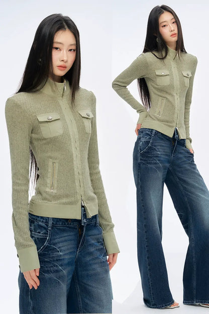 Fitted Design Patchwork Knit Cardigan