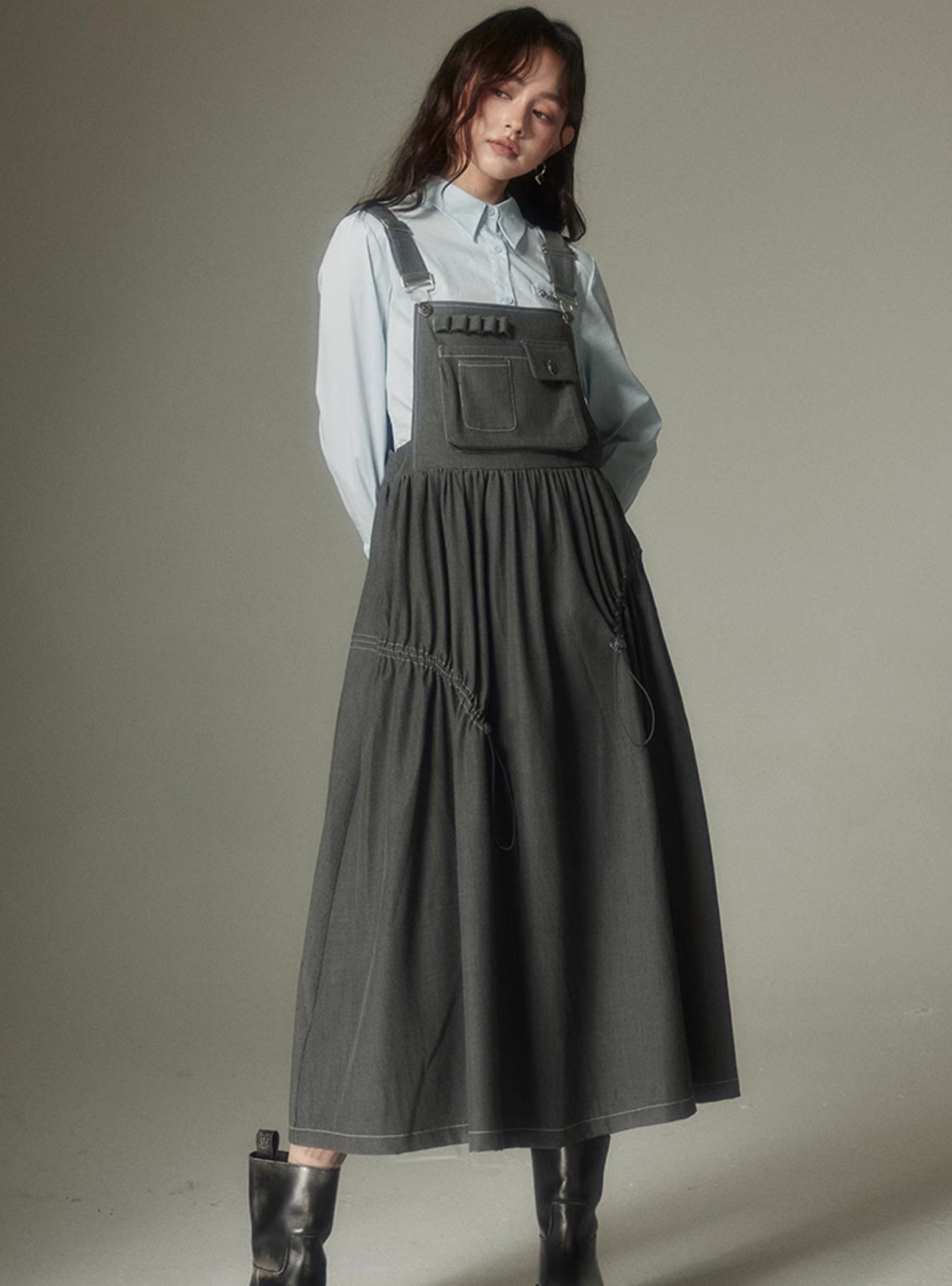 High-waisted loose long bib dress