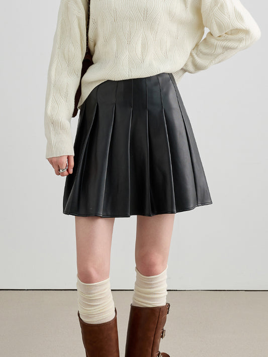 High-waisted A-line Pleated Leather Skirt