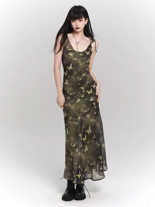 Grüner Schmetterling Chinesisches Slip-Kleid