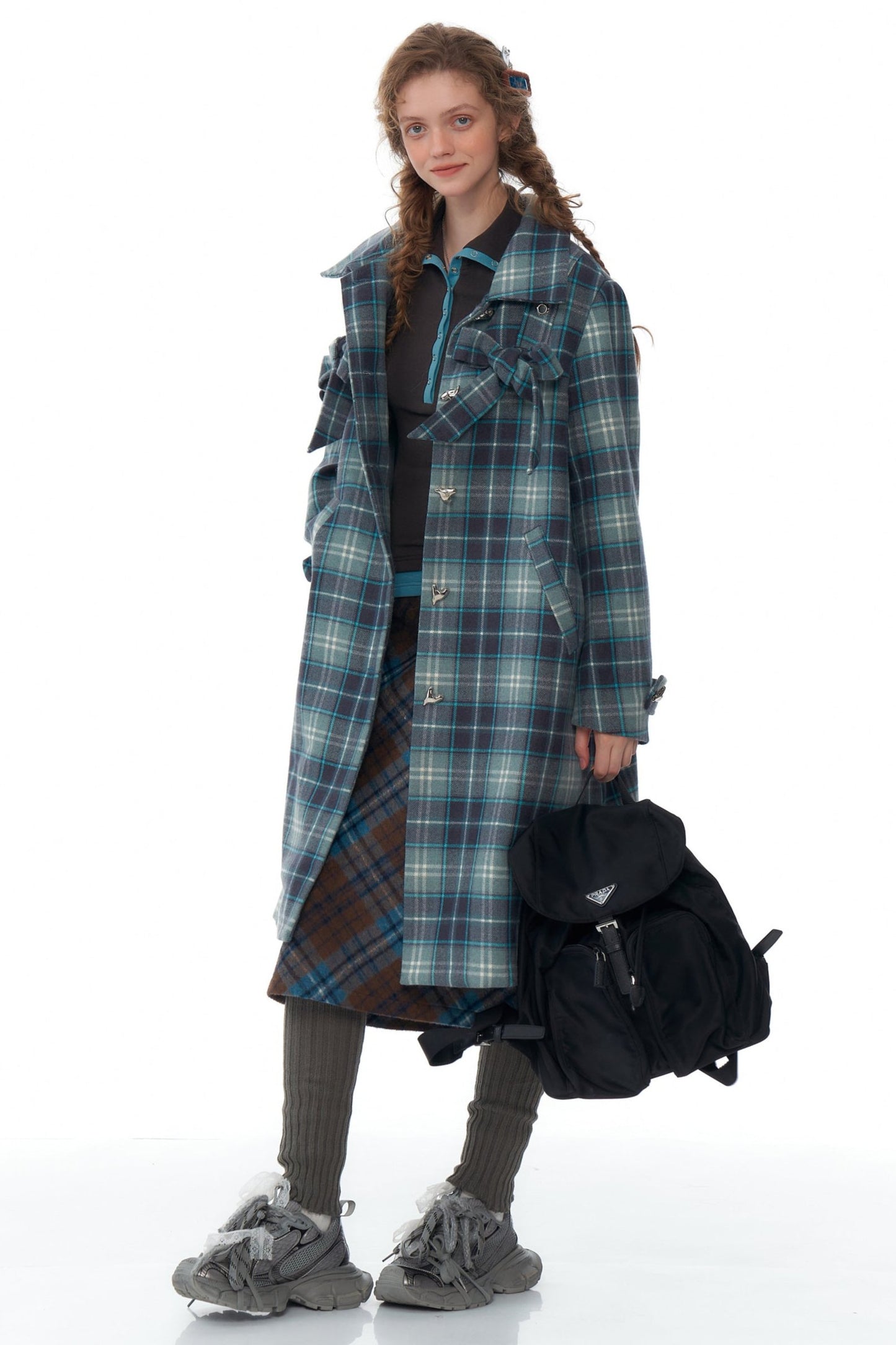 ziziFei autumn and winter American retro sense of luxury mid-length bow blue tartan coat jacket women