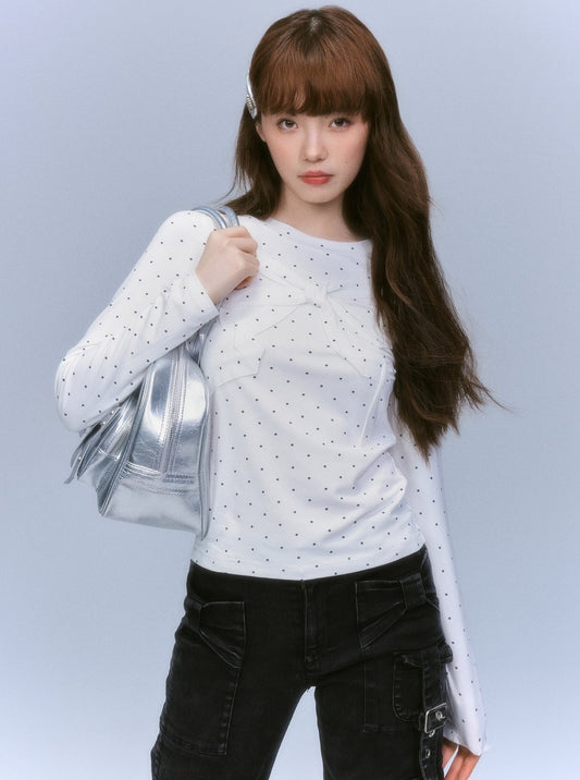 LOST FOREST Sweet Girl Private Window Hanli Korean Style Versatile Polka Dot Long Sleeve Bow T-Shirt Vielseitig Neues Produkt