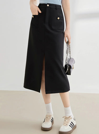 High Waist Pocket Design Sense Slit Skirt