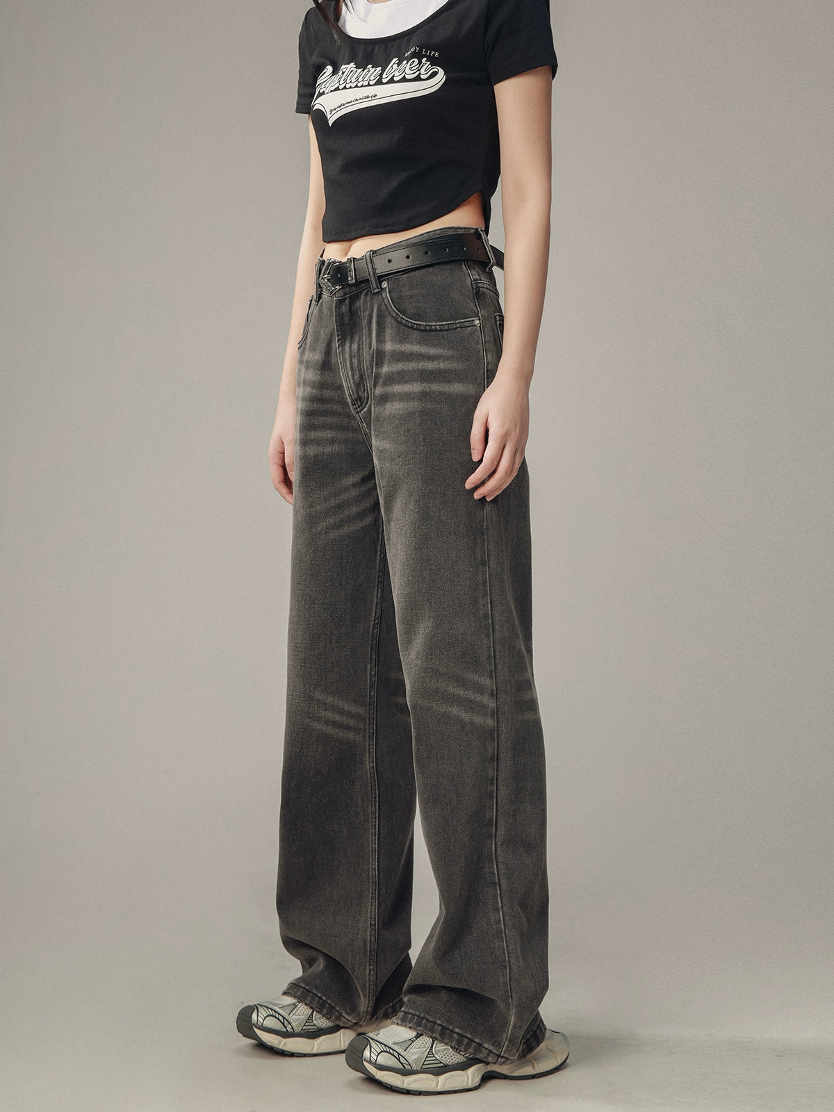 Whisker Distressed Track Denim Pants