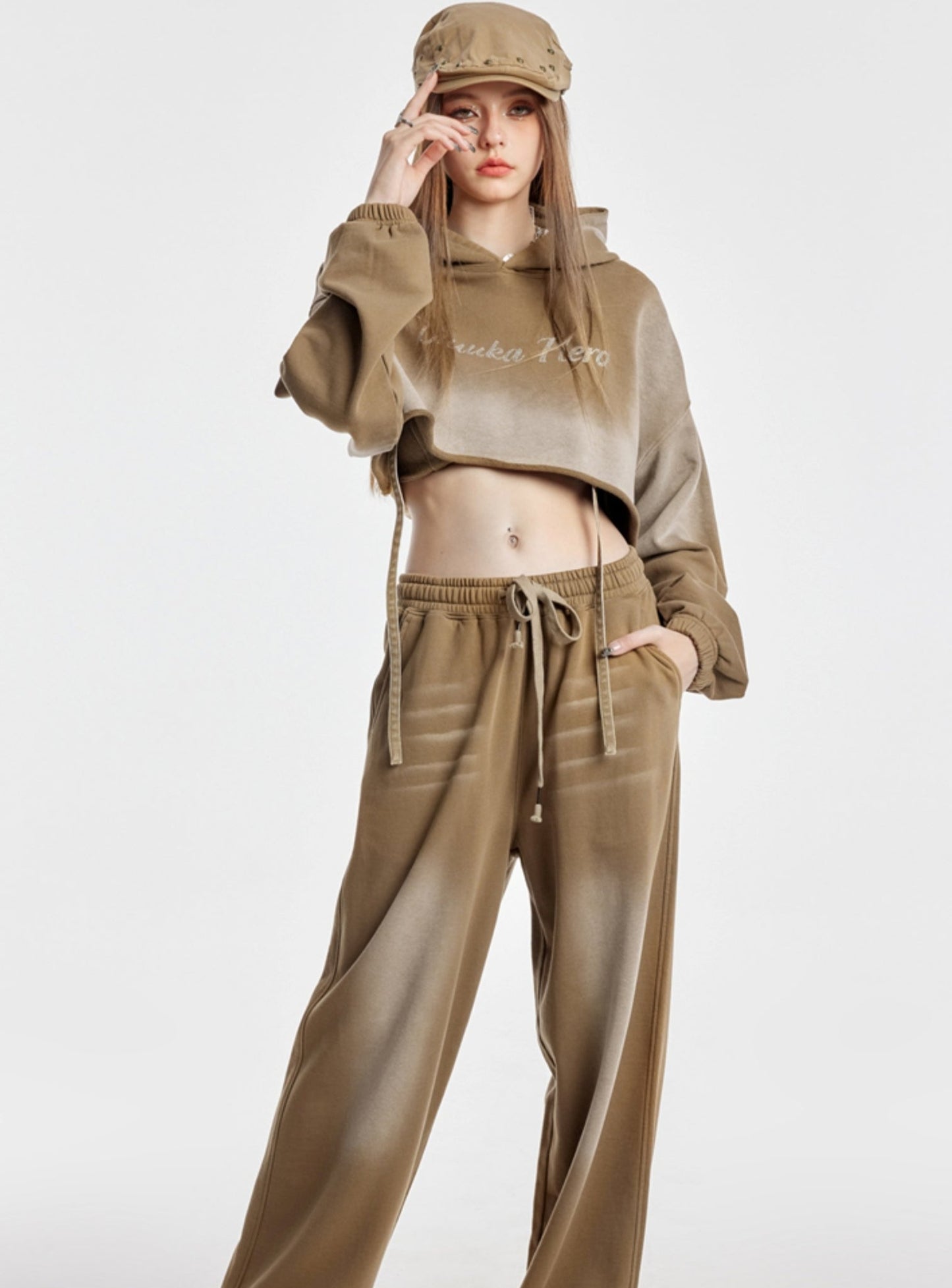 Khaki Printed Crop Top And Long Pants Set-Up