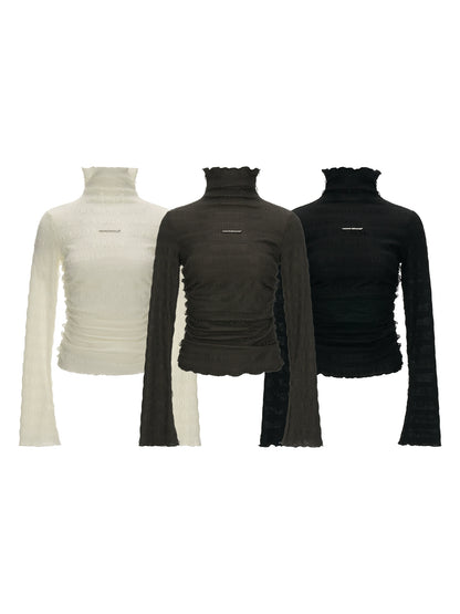 High-Neck Knitted Striped Slimming Shirt