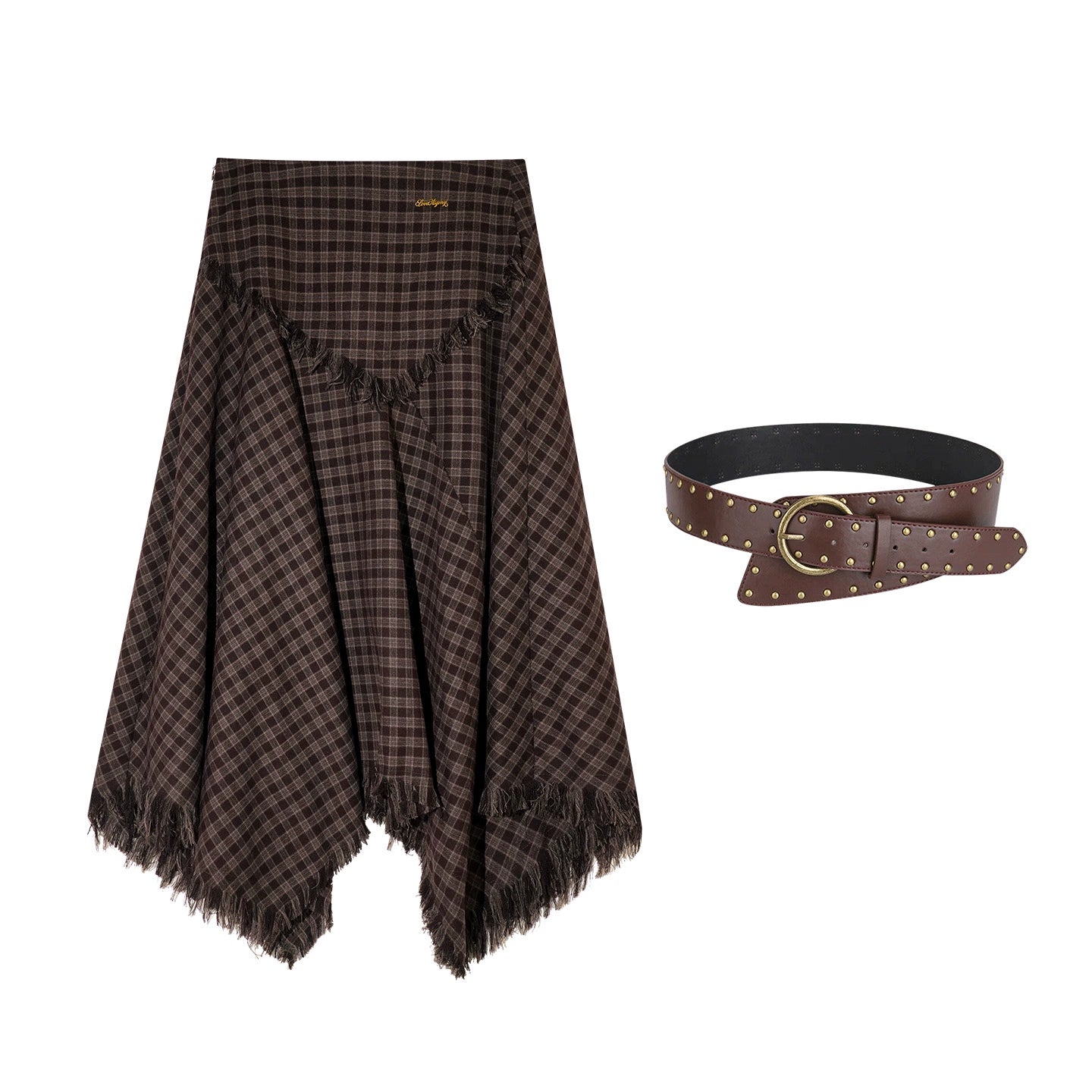 Frayed Hem Plaid Midi Skirt Belt Set