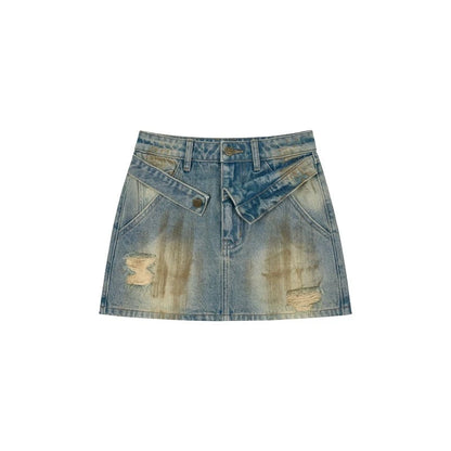 VIAPITTI Design Sinn schwere Arbeit Manschette schmutzig waschen zerrissenen Denim-Rock Frauen Herbst vielseitig A-Linie Rock