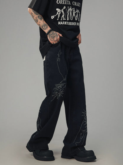 Distressed Hand Drawn Bootcut Denim Pants