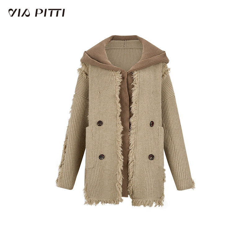 Mid-length hooded detachable knitted coat