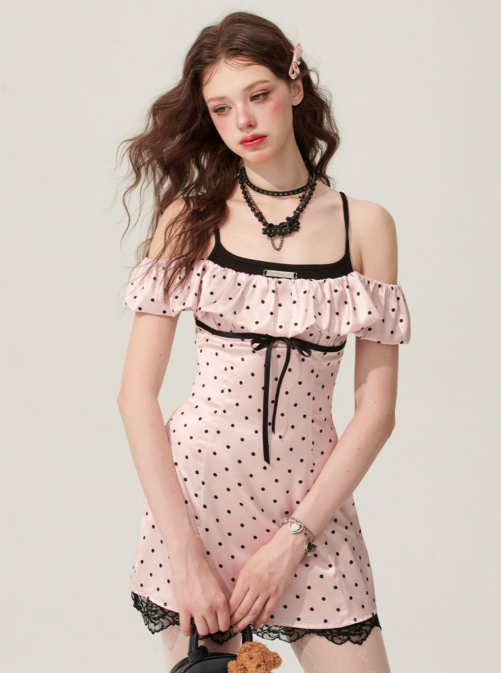 Pink Polka Dot One-Shoulder Dress