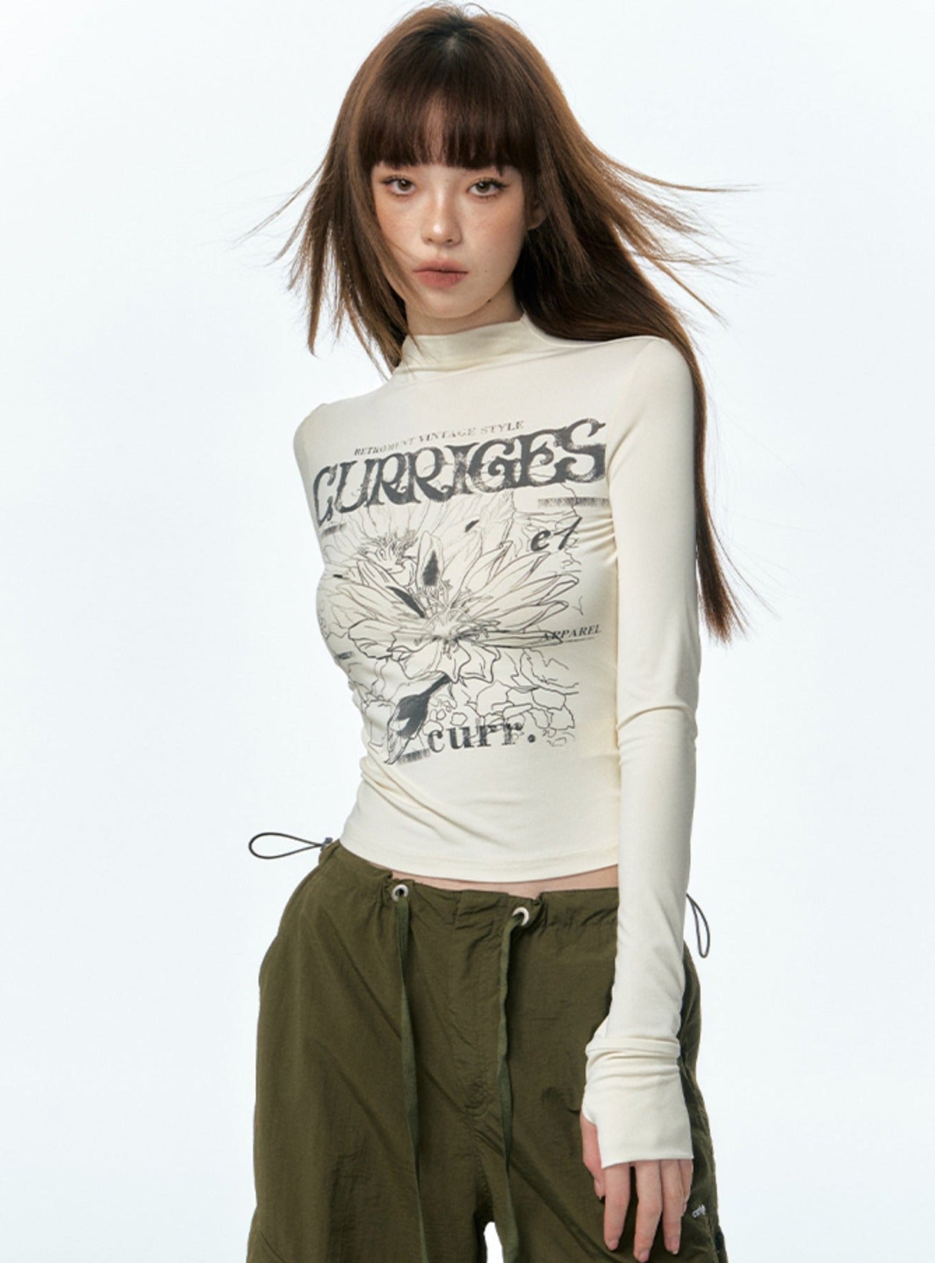 Vintage Print Half-Turtleneck Base Layer T-Shirt