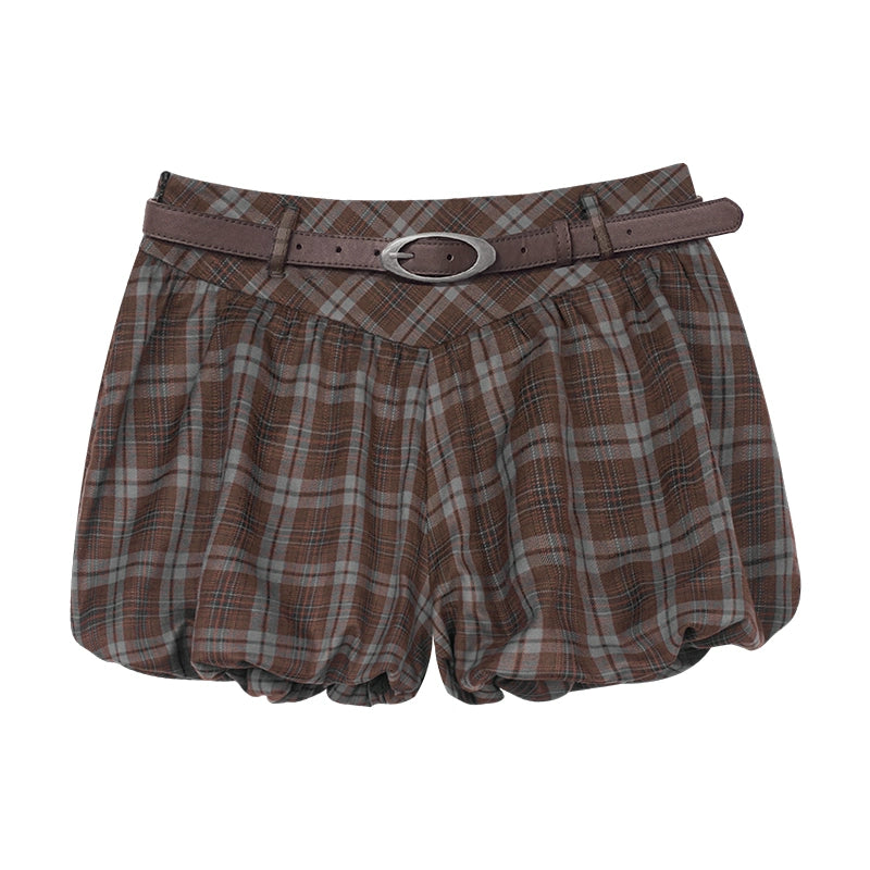 Brown Checkered Belted Bud Pants