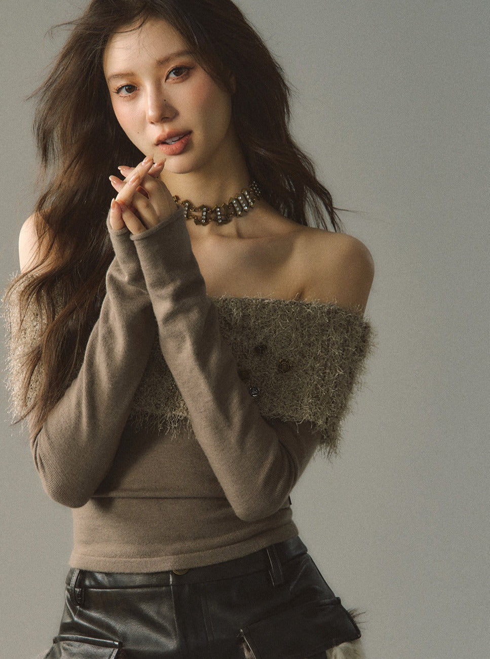 Straight Shoulder Design Sense Furry Sweater