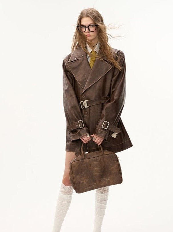 Strappy Waist Rubbed Leather Trench Coat