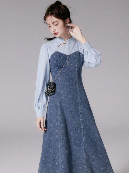 Knopf Jacquard Denim Kleid