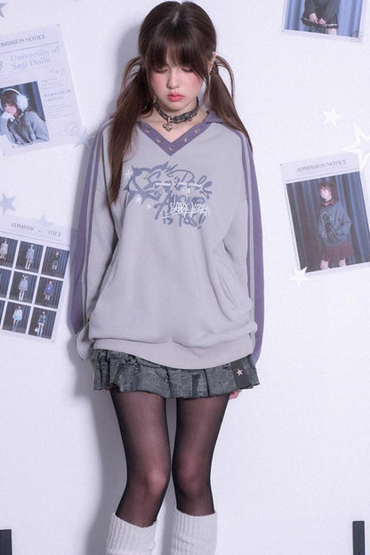 Gray Purple Loose Hooded Sweatshirt