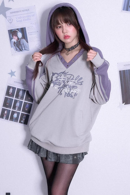 Gray Purple Loose Hooded Sweatshirt