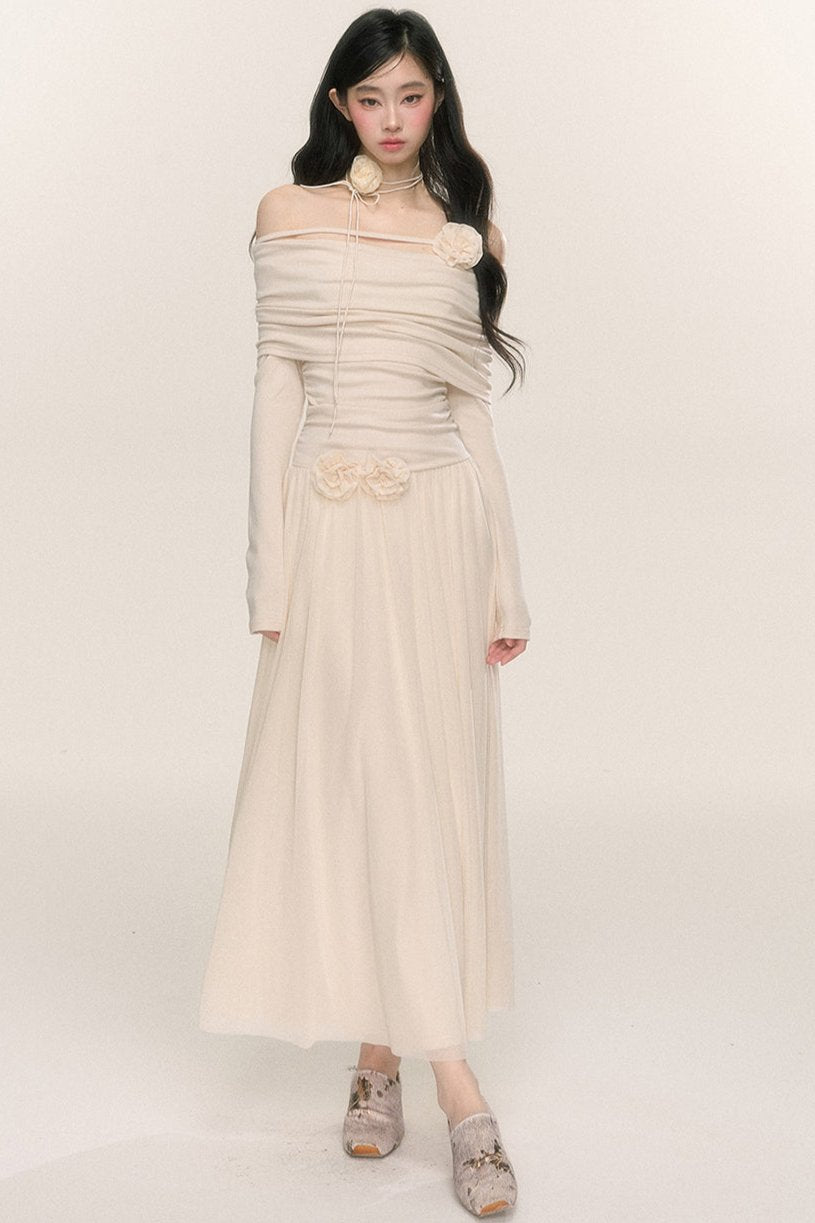 Long-Sleeve One-Shoulder Maxi Dress