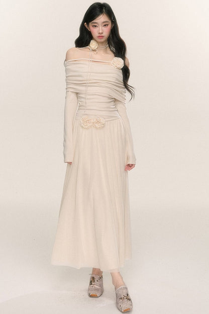 Long-Sleeve One-Shoulder Maxi Dress