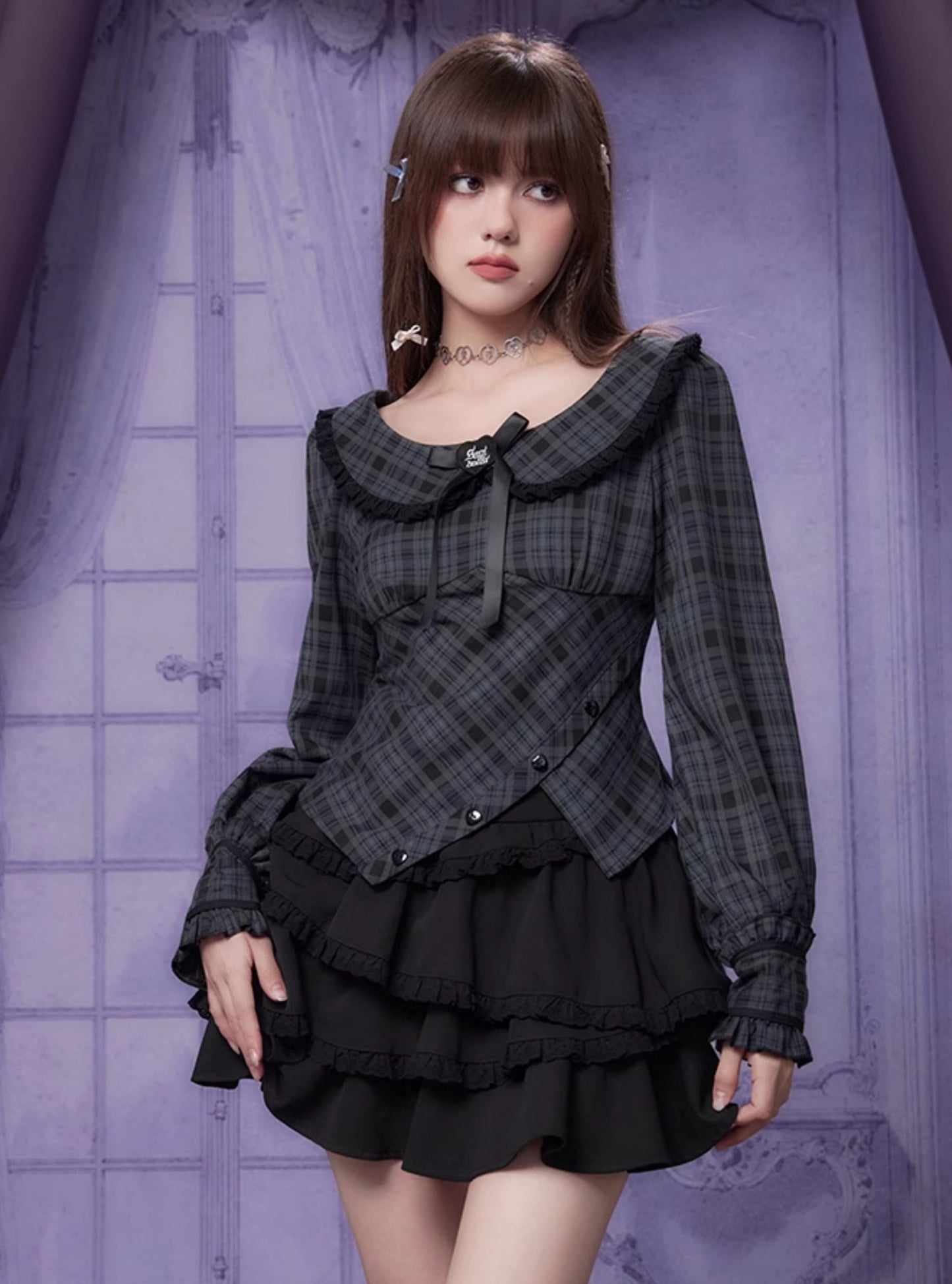 Doll Collar Long Sleeve Plaid Top