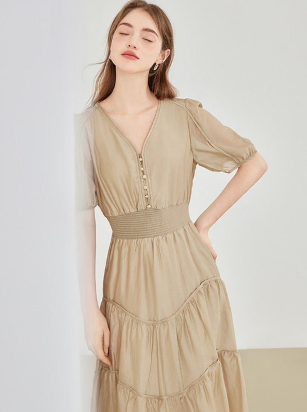 French Elegant V-Neck Puff Sleeve Dress